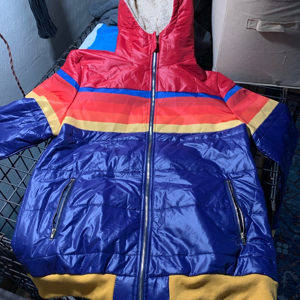 Vibrant Women's Puffer Jacket - Red and Blue
